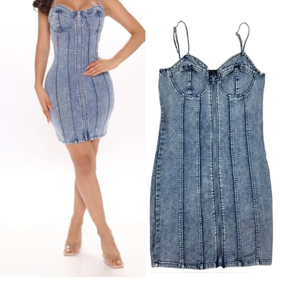 Denim Corset-Style Mini Dress W/ Front Zipper Closure By Iris Size L - Picture 1 of 14